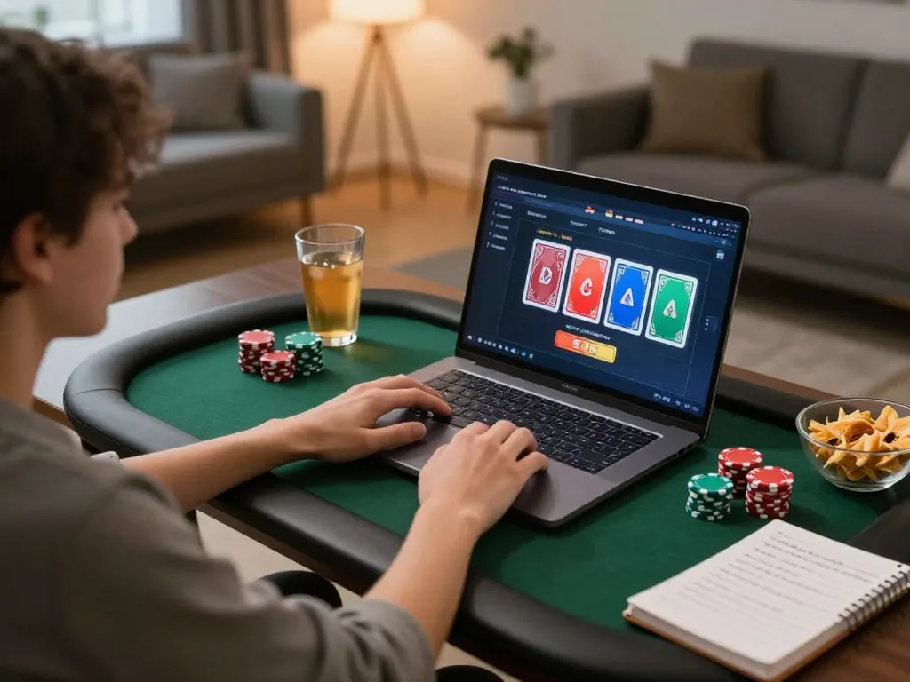 Go8 online poker enthusiast playing strategically at home with chips and notes.