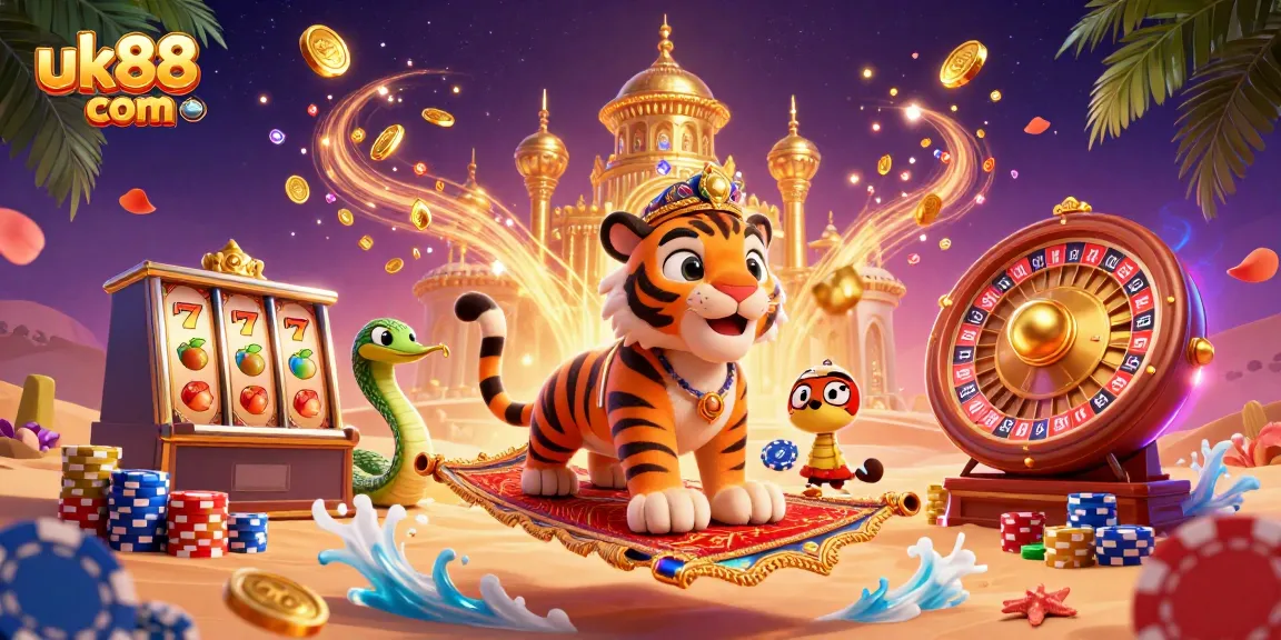 Engage with uk88 com as the 3D cartoon tiger sultan flies over vibrant casino elements, rich in golden coins and slot reels.