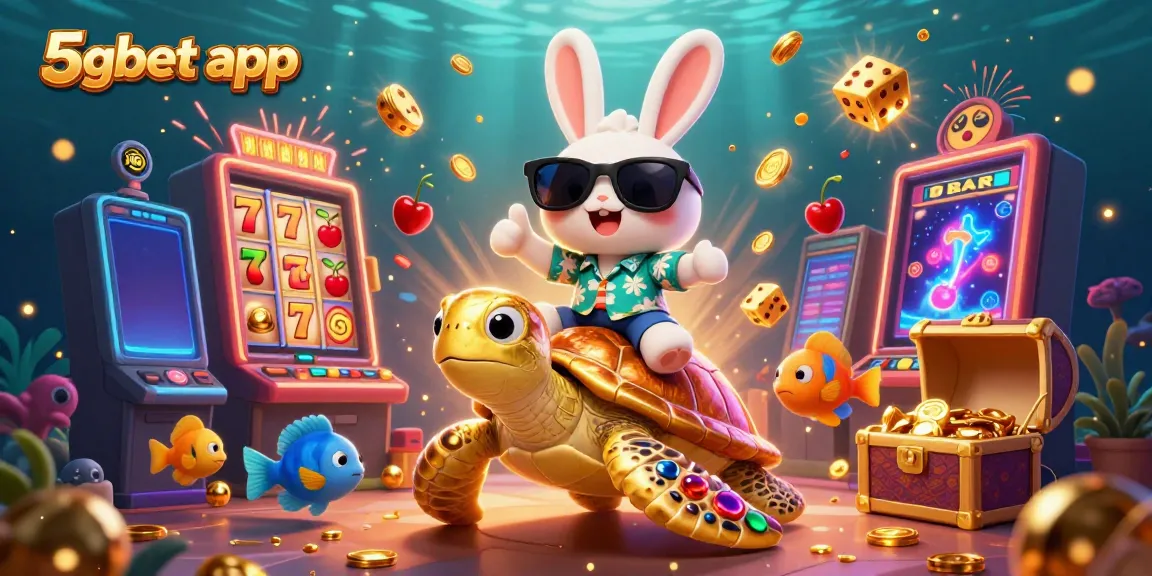 Experience the excitement of 5gbet app with a colorful 3D illustration of a lucky rabbit and golden turtle in a vibrant casino scene.