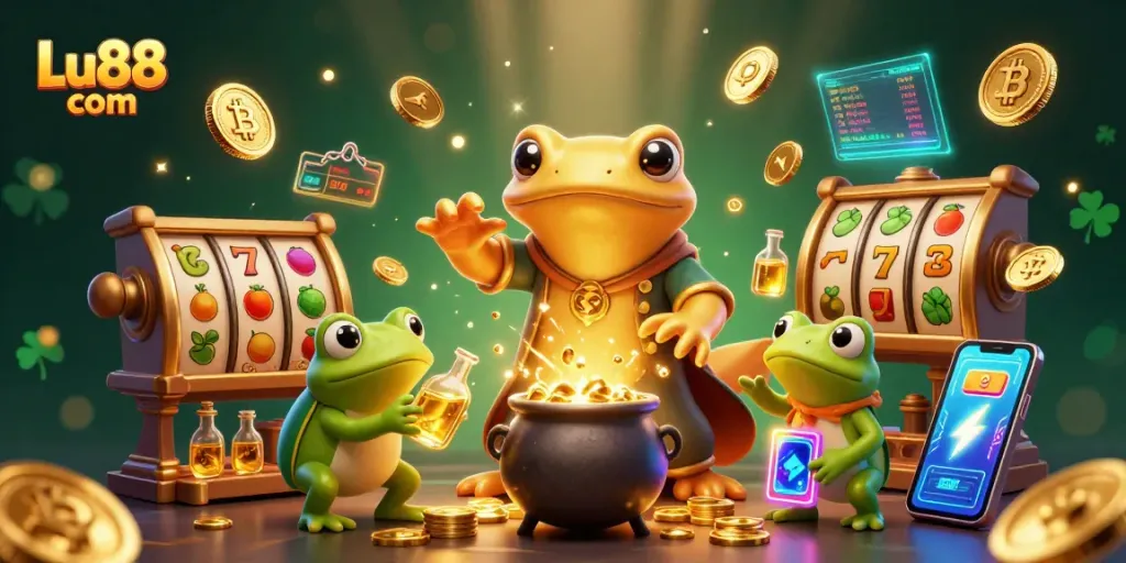 Experience the thrilling jackpots at Lu88 com with vibrant slot games featuring golden characters and crypto coins.