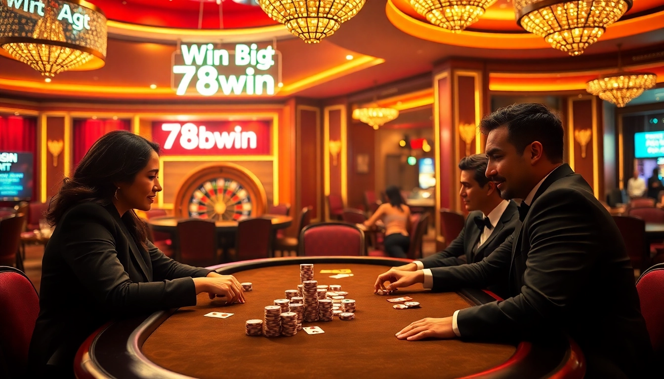 Players strategizing and winning at a poker table in a luxurious 78win casino environment.