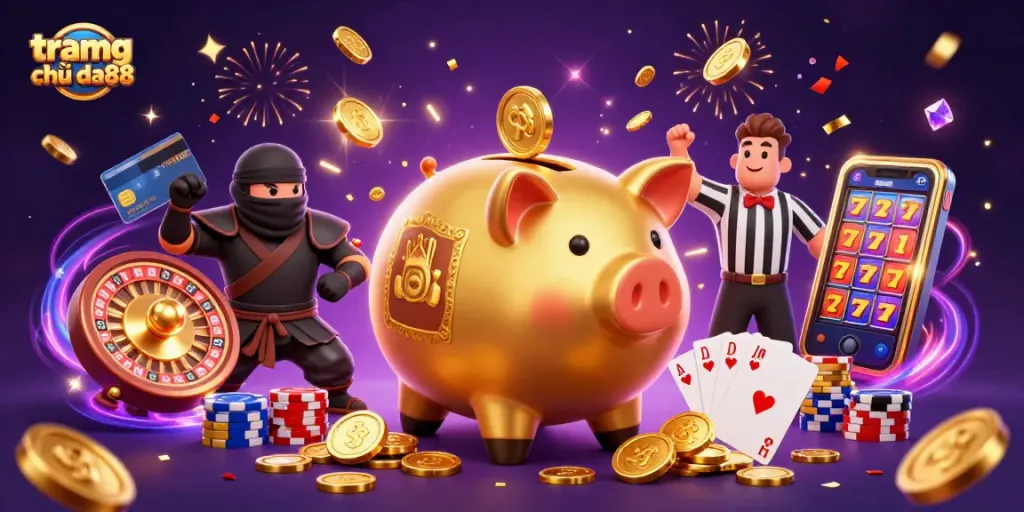 Experience the thrilling action at tramg chủ da88 with our lively casino characters in a rich, colorful scene.