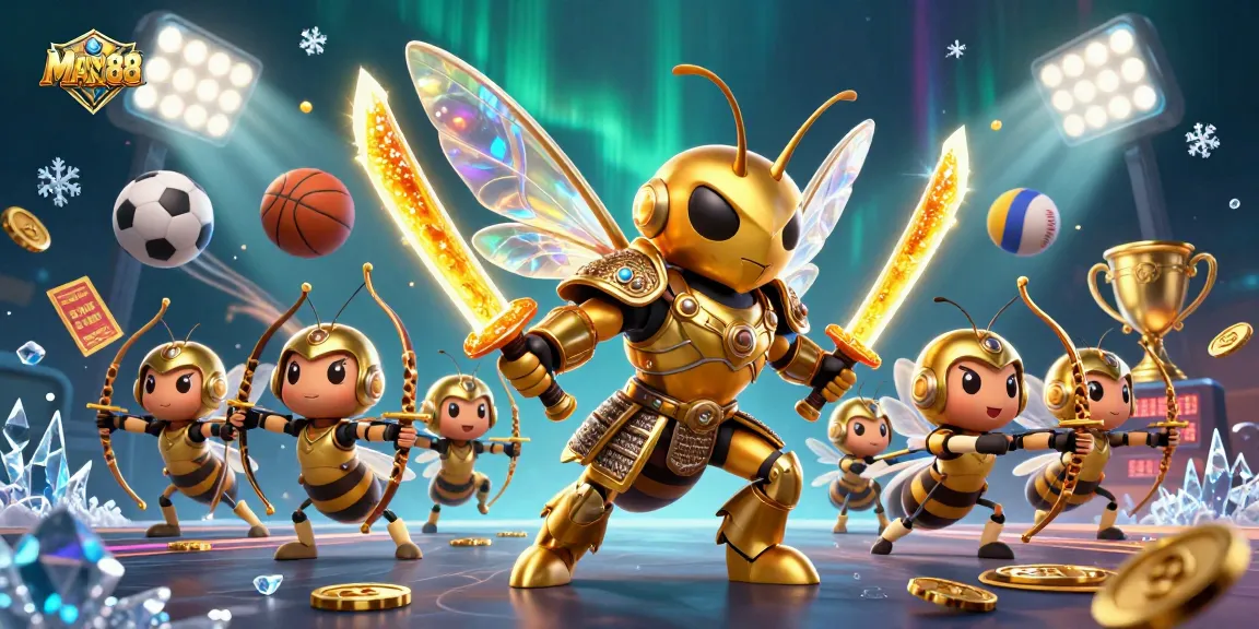 Bet on MAN88 with thrilling golden hornet samurai and sports elements, capturing high-energy action.