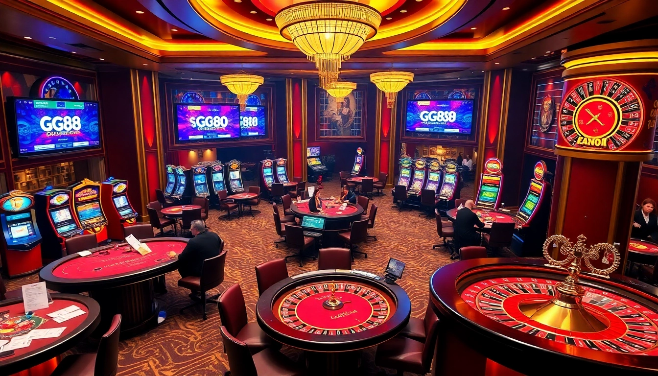 Engaging GG88 online gaming scene with vibrant casino elements and players at tables.