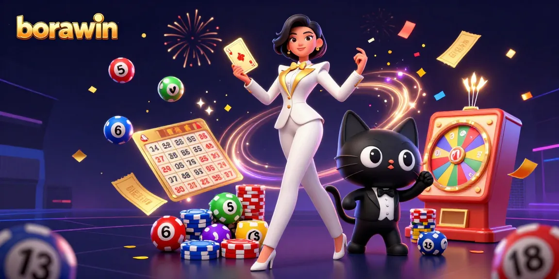 Experimente borawin com uma cena glamourosa de cassino apresentando uma mulher embaralhando cartas e bolas de loteria.