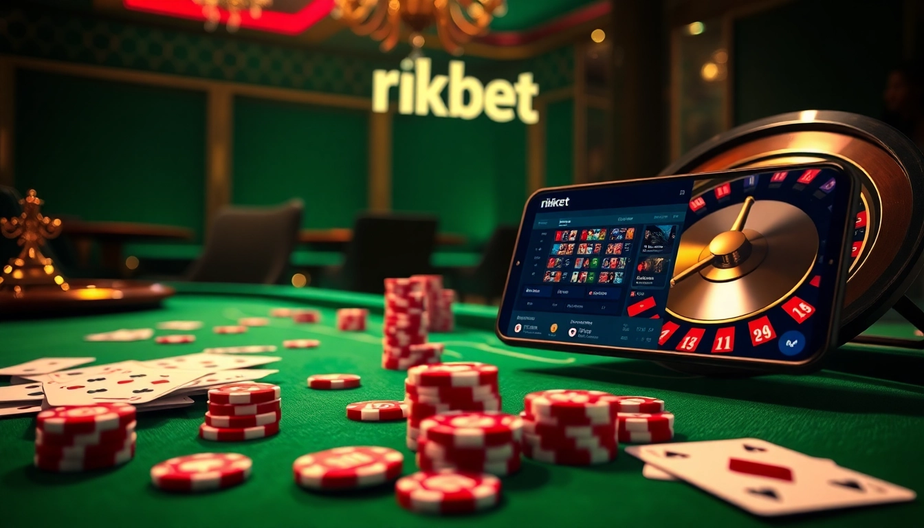 Experience the thrill of rikbet with vibrant casino elements, including cards, roulette, and betting chips.