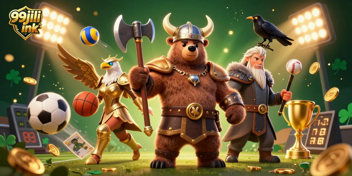 Bettors explore 99jili ink's dynamic betting scene featuring a Viking bear, Valkyrie eagle, and sports elements.