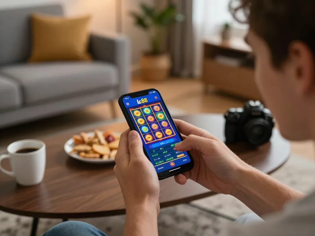 Experience the excitement of lc 88 online gaming with a smartphone in a stylish living room.