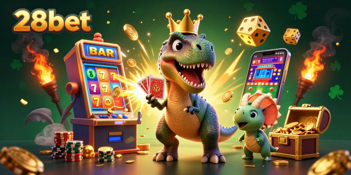Experience the excitement of 28bet with a cartoon T-Rex, pterodactyl, and triceratops in a vibrant casino scene.