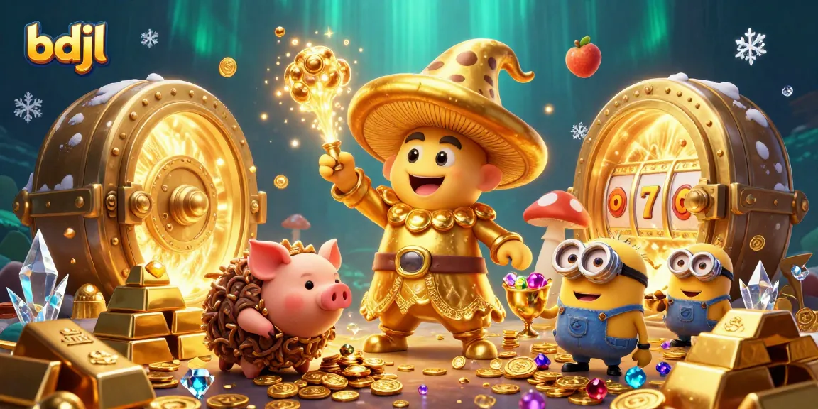 Engage with bdjl's magical casino adventure featuring a golden mushroom wizard, treasure, and slots.