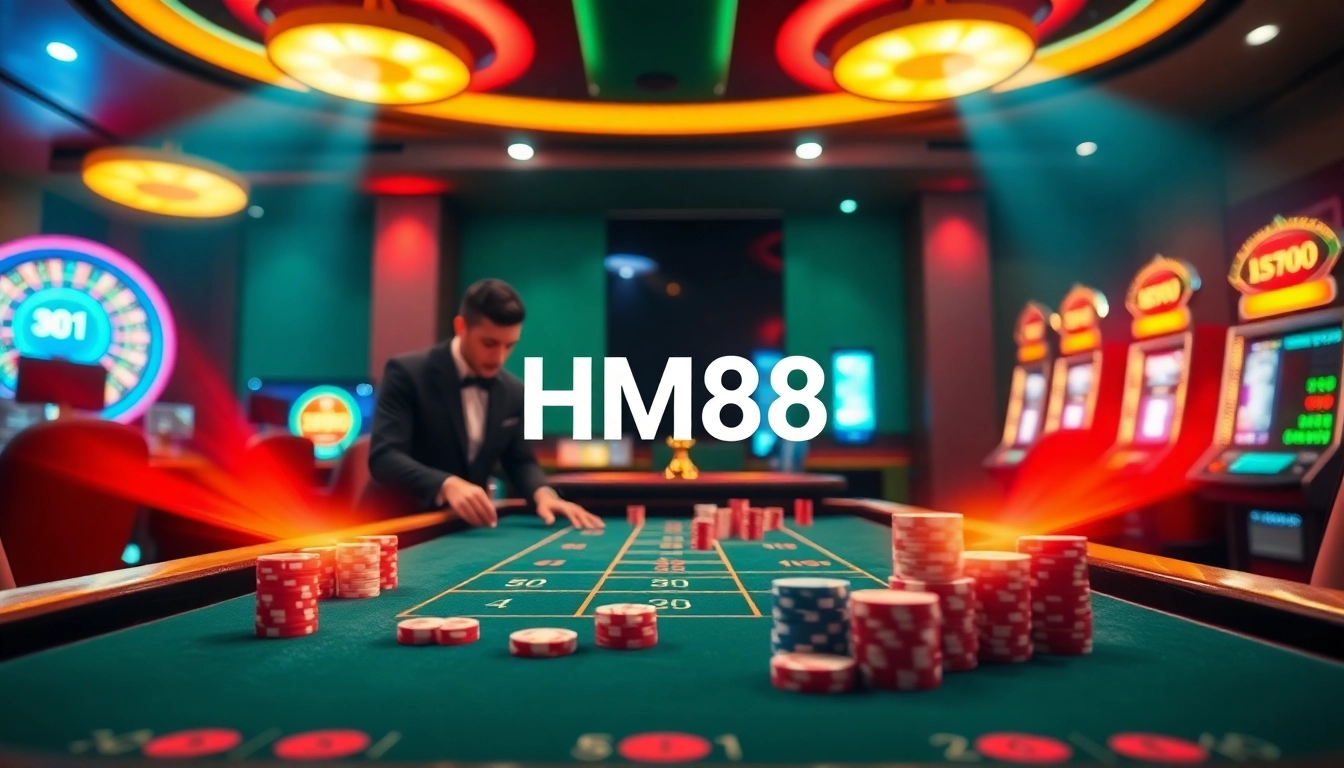 HM88 players engaging in thrilling casino games with vibrant poker chips and roulette wheels.