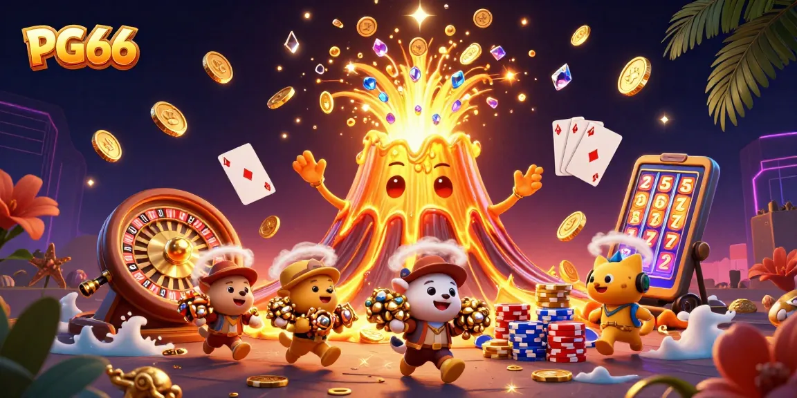 Experience thrilling wins at PG66 with vibrant 3D casino graphics, showcasing a golden volcano and treasure hunt.
