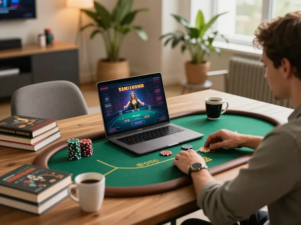 Player engaged in an online poker game on 40WIN platform, showcasing strategy with a laptop and coffee.