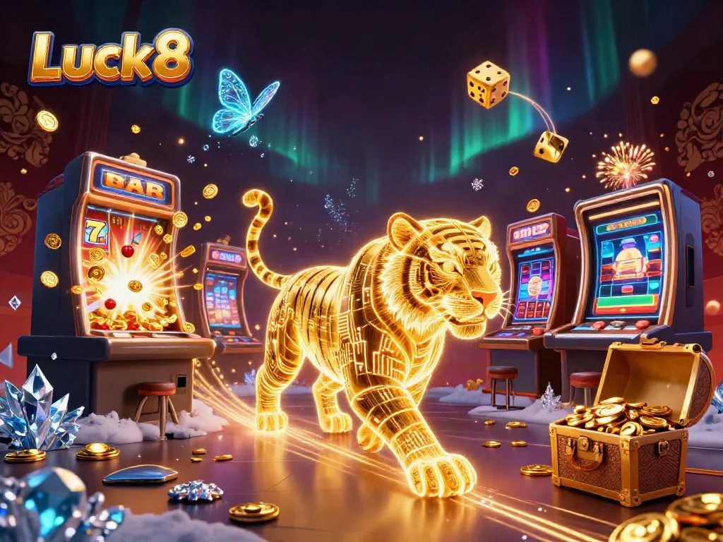 Experience the thrill of Luck8 with a vibrant casino scene featuring a golden tiger and dynamic game elements.