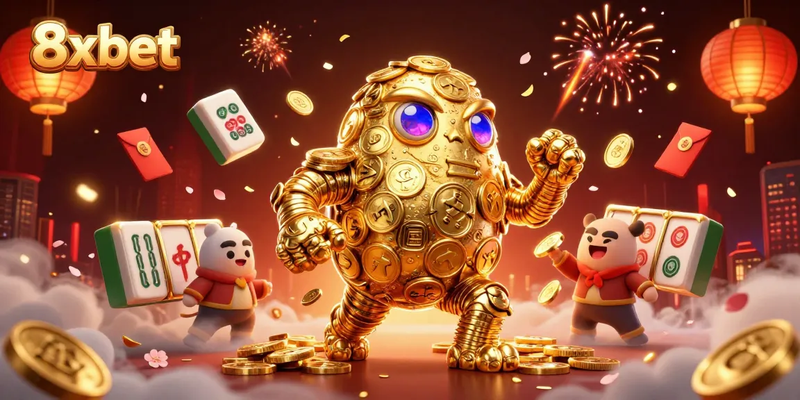 Experience the thrill of 8xbet with a vibrant casino action scene featuring golden golems and slot elements.