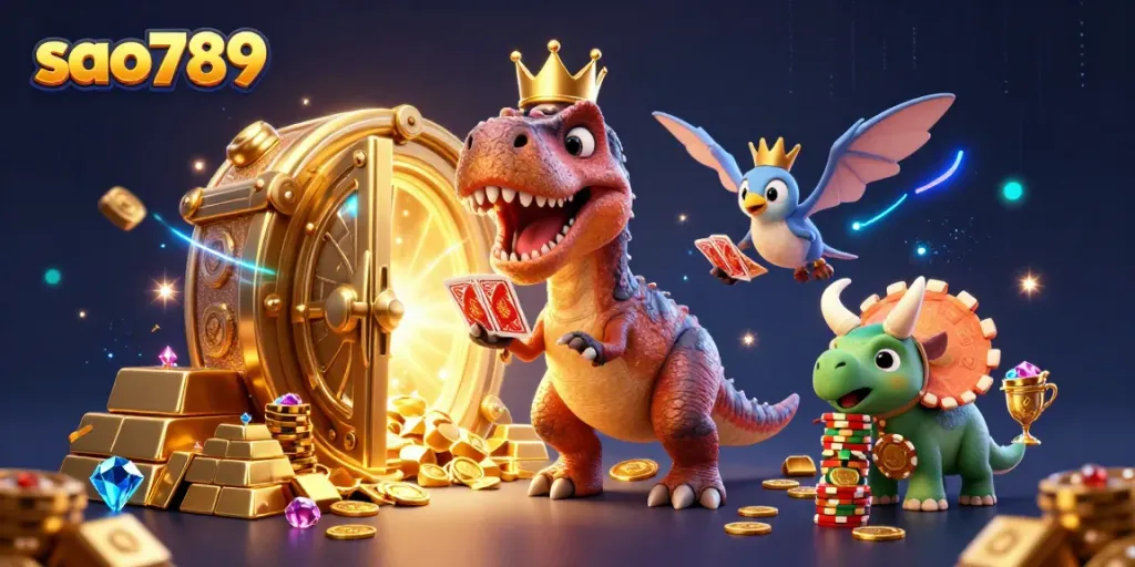 Sao789 T-Rex and friends card game scene bursting with gold and gems, perfect for online casino themes.