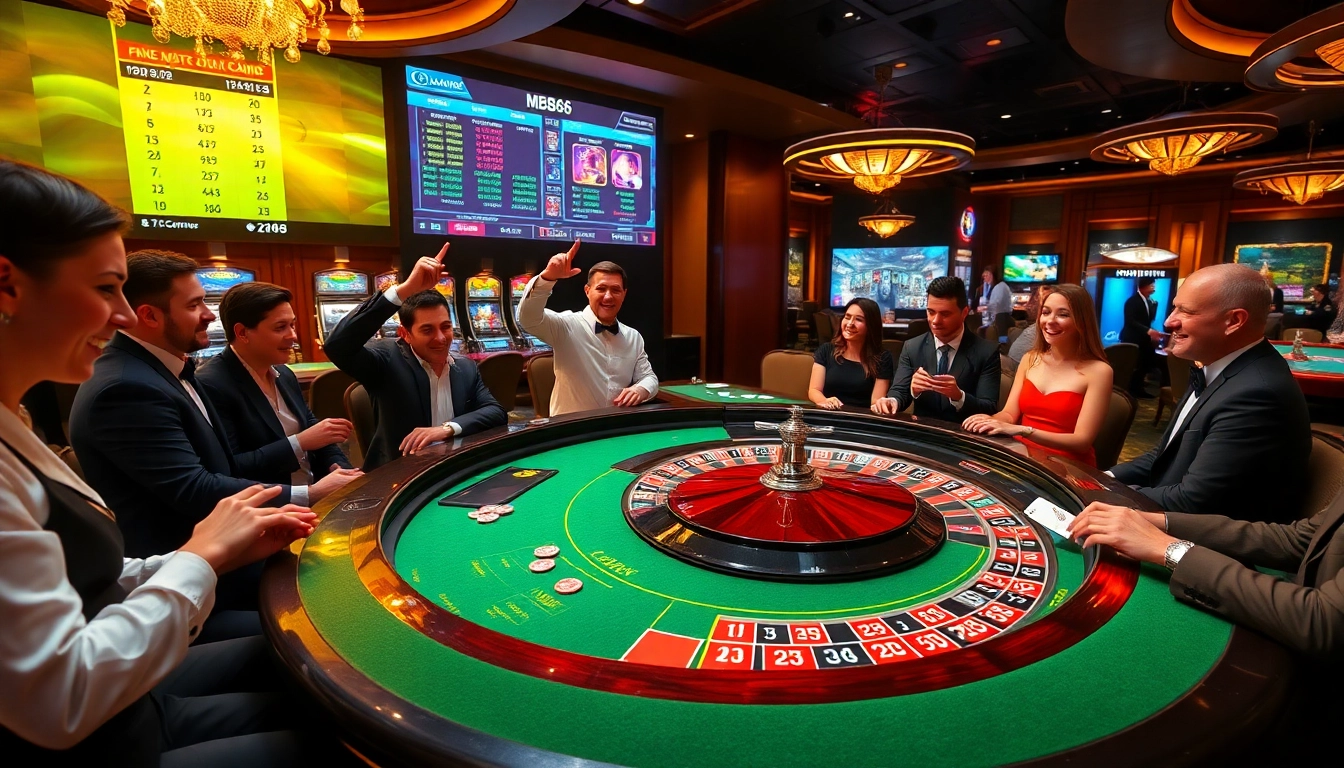 Players enjoying an exciting mb66 casino experience with vibrant roulette and poker tables.