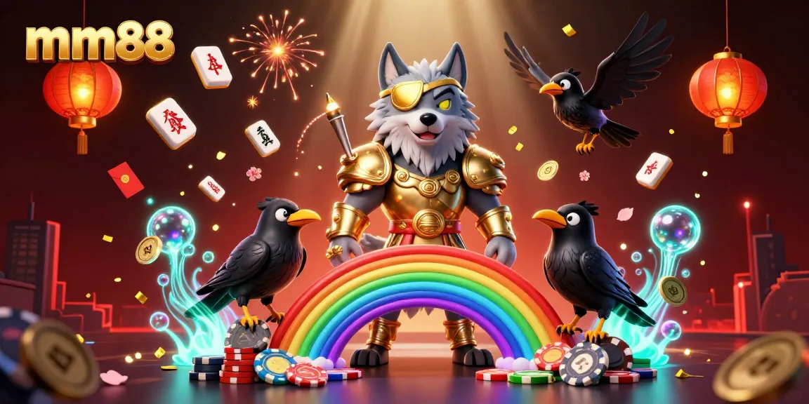 Engage with vibrant 3D scene featuring mm88 characters amid casino-themed festivities and mystical elements.