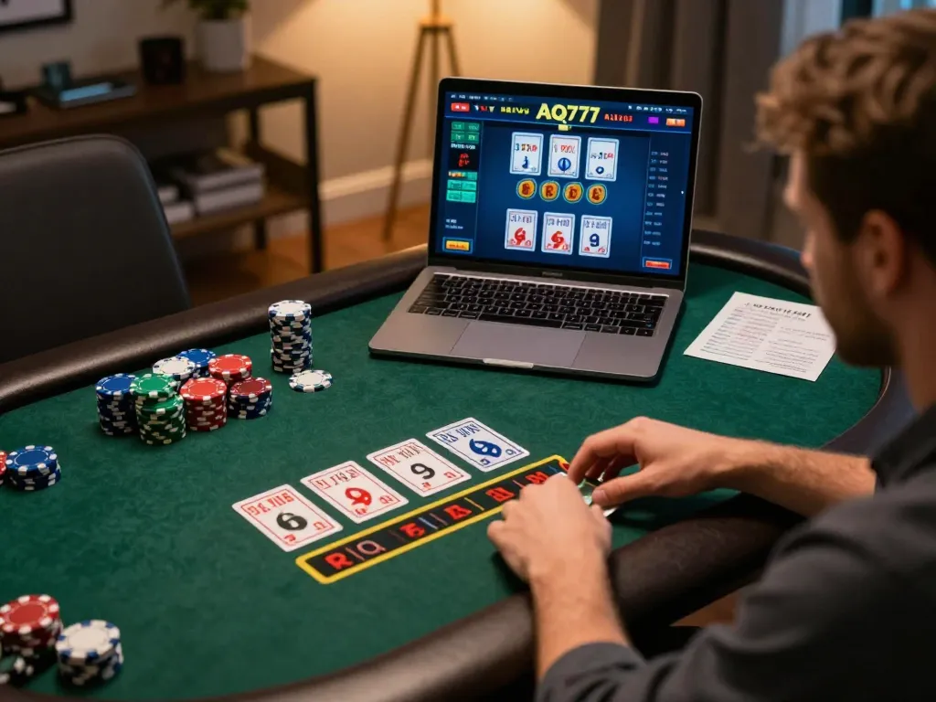 Um jogador desfrutando do blackjack na plataforma de cassino online AQ777, focado em estratégias e apostas