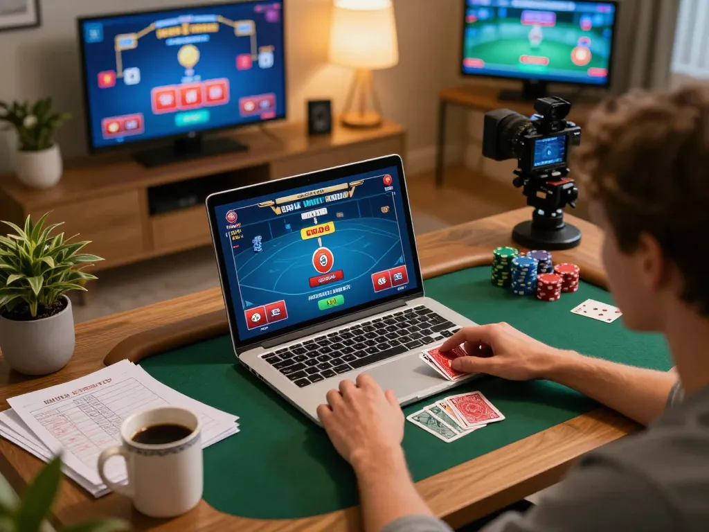 rikvip player engaged in online poker from home, showcasing strategy and gameplay