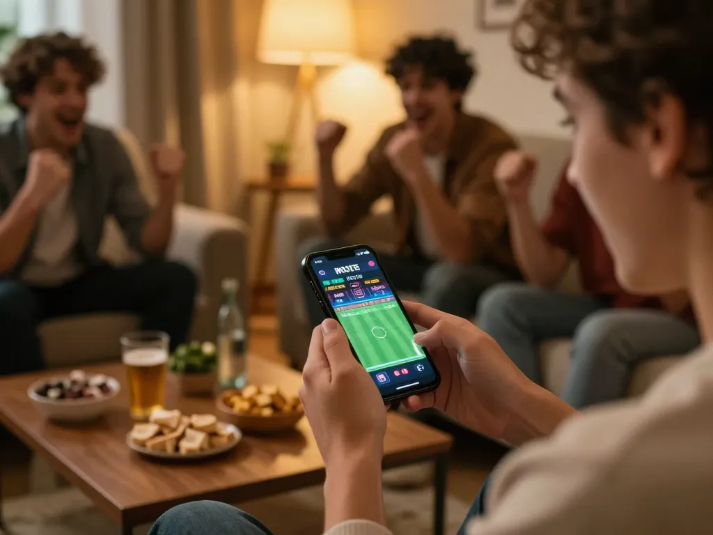 Kèo nhà cái hôm nay view of person engaged in online sports betting with friends in cozy setting