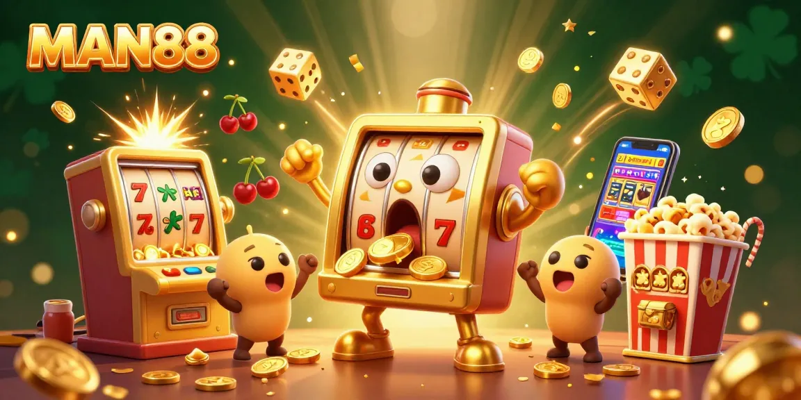 Experience the excitement of MAN88 with a vibrant 3D scene of a golden slot machine celebrating its jackpot.