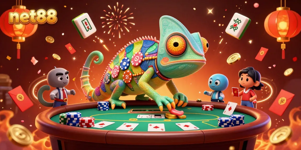Experience the vibrant world of net88 with a lively chameleon casino owner capturing golden coins amidst poker excitement.