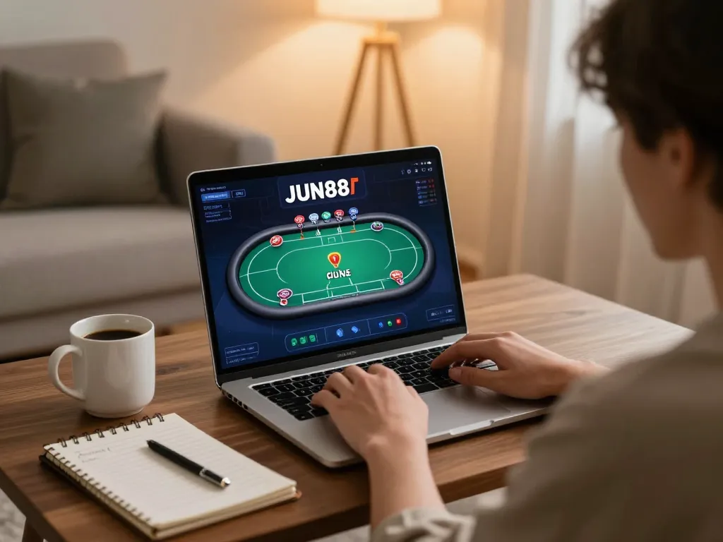 Experience the excitement of playing on JUN88 with a cozy home setup highlighting online poker strategies