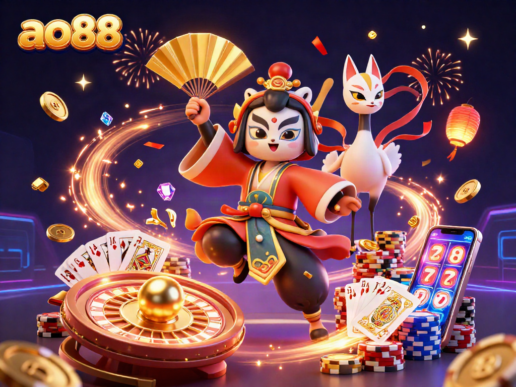 Experience the thrill of ao88 with captivating 3D illustration featuring dazzling casino action.