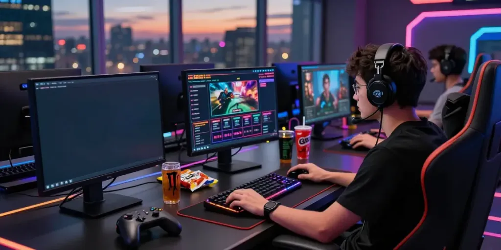 Player engaging with games at https://man88.hair/ in a vibrant gaming setup, showcasing immersive online betting.