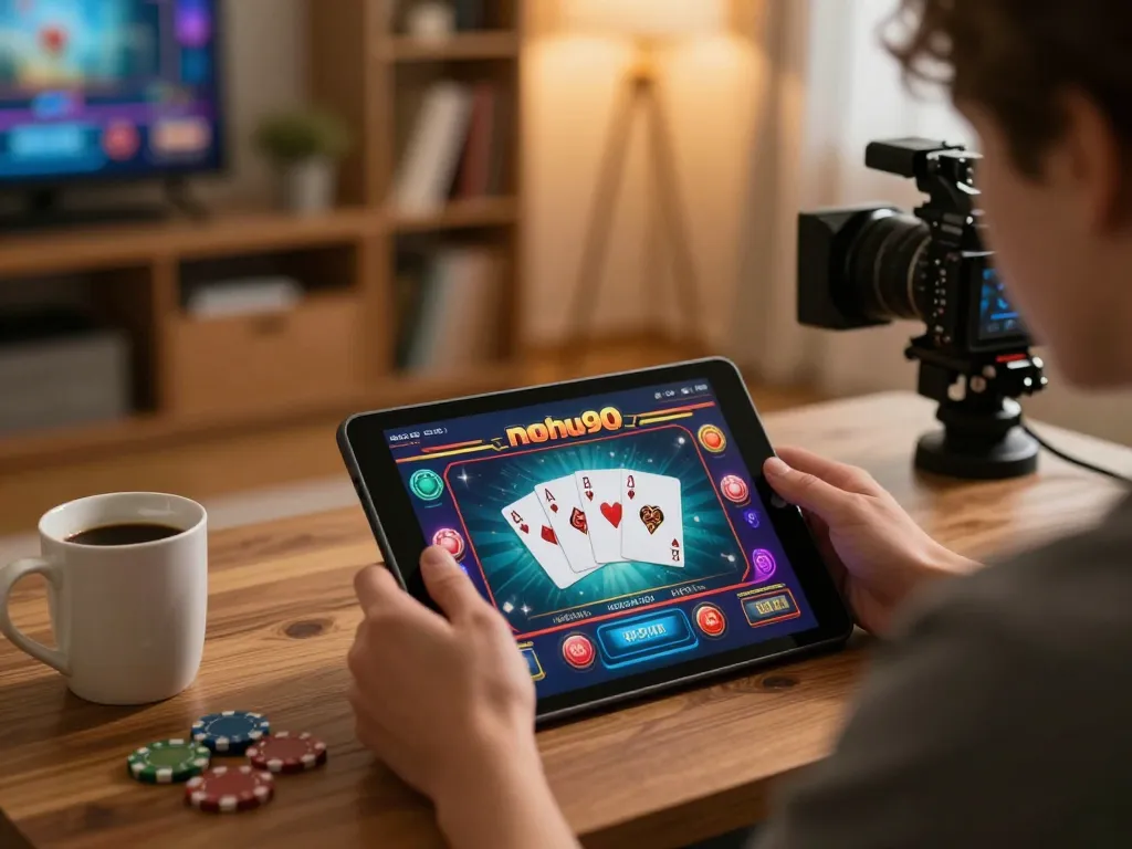 Nohu90 player engaged in online casino gaming with tablet at home, showcasing vibrant gameplay.