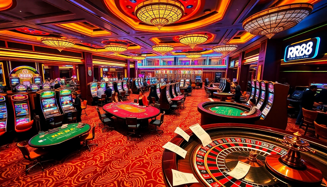Experience the thrill of RR88 with an engaging casino scene depicting exciting games.