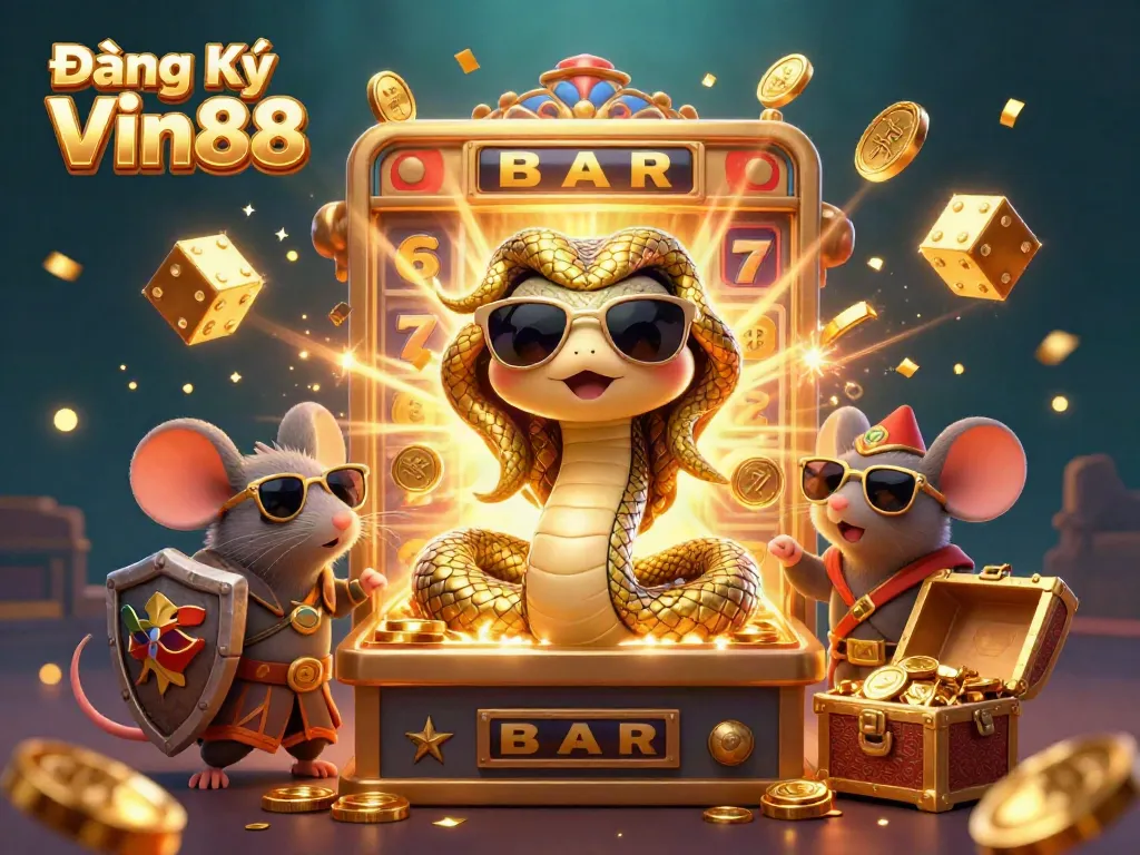 Experience Đăng Ký Vin88 with a colorful and dynamic casino-themed illustration showcasing a friendly Medusa and a warrior mouse celebrating winning moments.