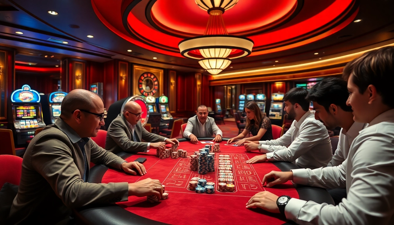 Go8 gamblers strategizing at a high-stakes poker table in a luxurious casino setting.