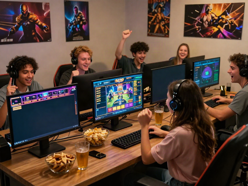 Online gaming celebration with diverse players engaging at https://ku88v1.com/ in a vibrant setting.