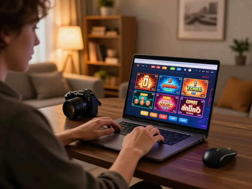 va88 engaging in online casino gameplay on a modern laptop with dynamic gaming visuals