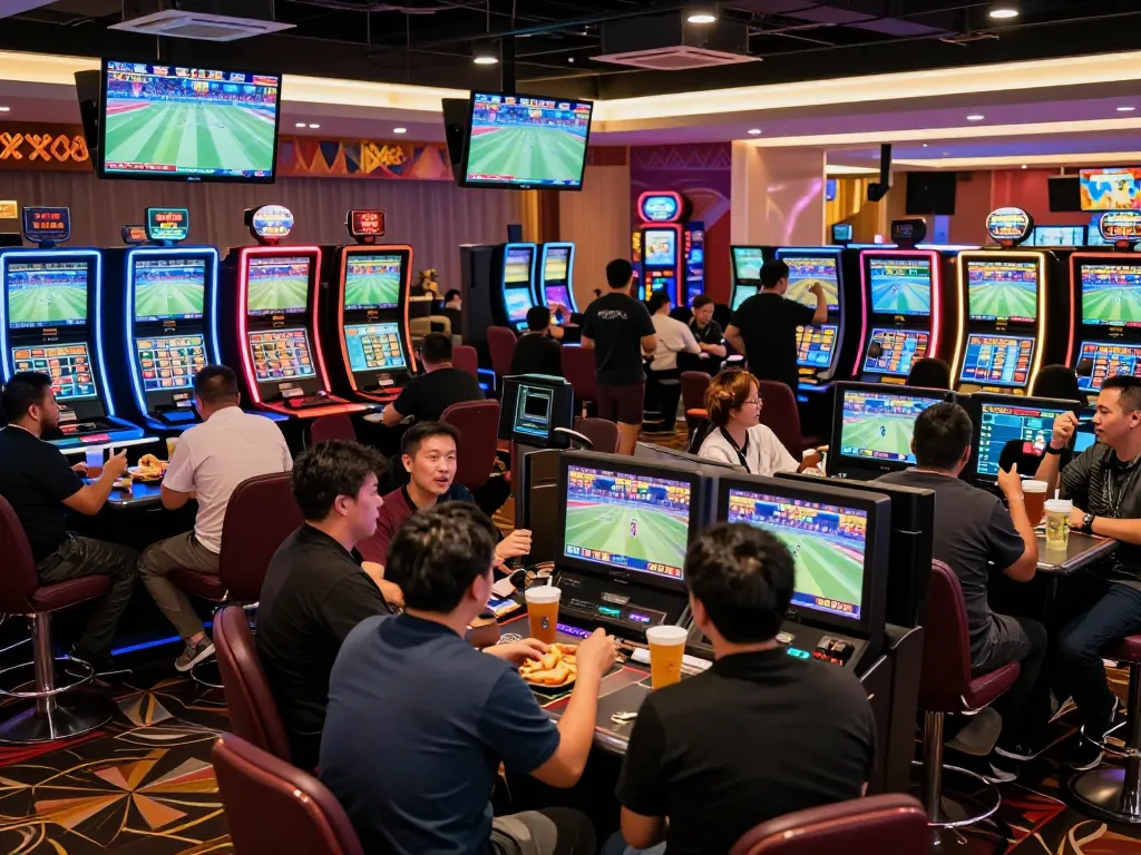 Energetic sports betting scene at XX88 casino with patrons engaging in live bets and celebrating wins.