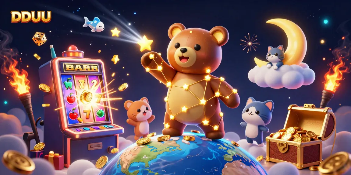Experience the excitement at DDUU with a vibrant slot machine and magical characters in a 3D casino.