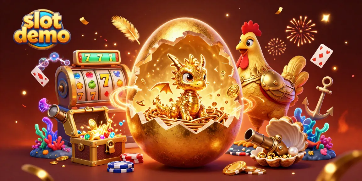 Slot demo dengan naga emas dan chip poker di antara simbol buah dengan gem