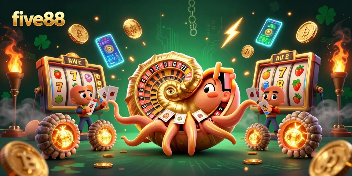 Win big at five88 with vibrant 3D casino characters and glowing crypto elements.