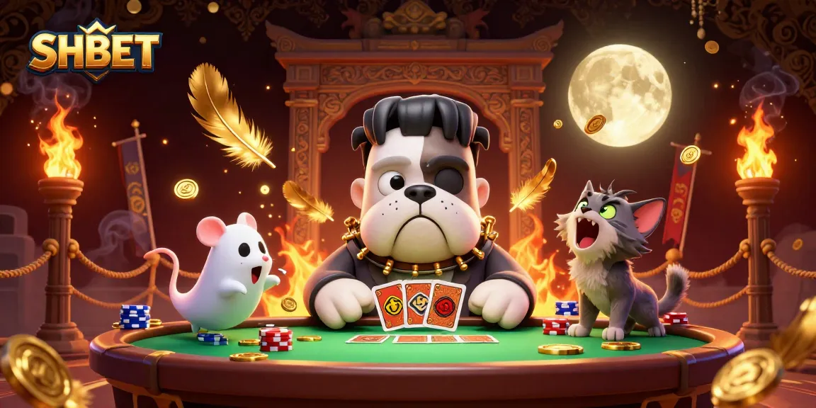 Engage with SHBET's thrilling casino experience featuring a Frankenstein bulldog dealing cards.
