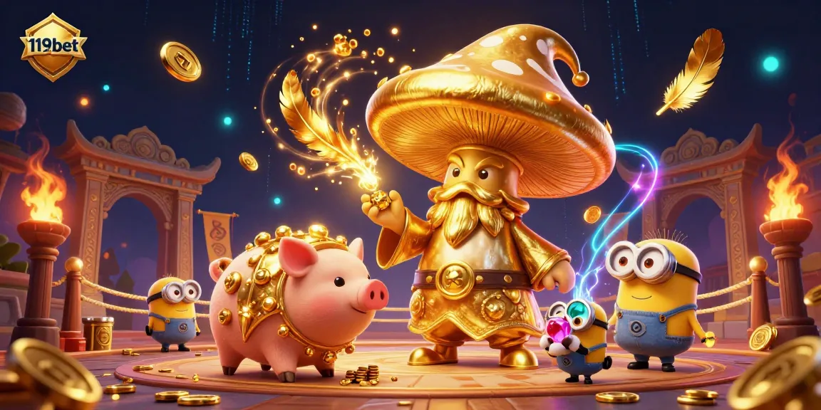 Experience the excitement of 119bet with a lively 3D casino illustration featuring a magical golden wizard and treasures.
