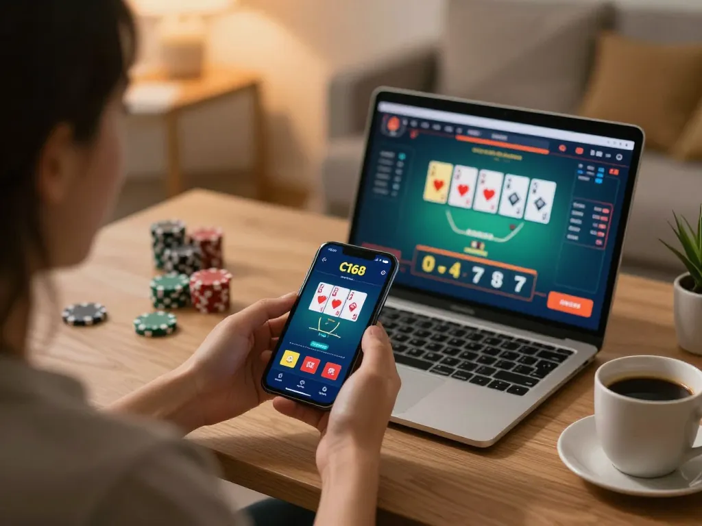 C168 app user experiencing online poker gameplay in a cozy home setting.