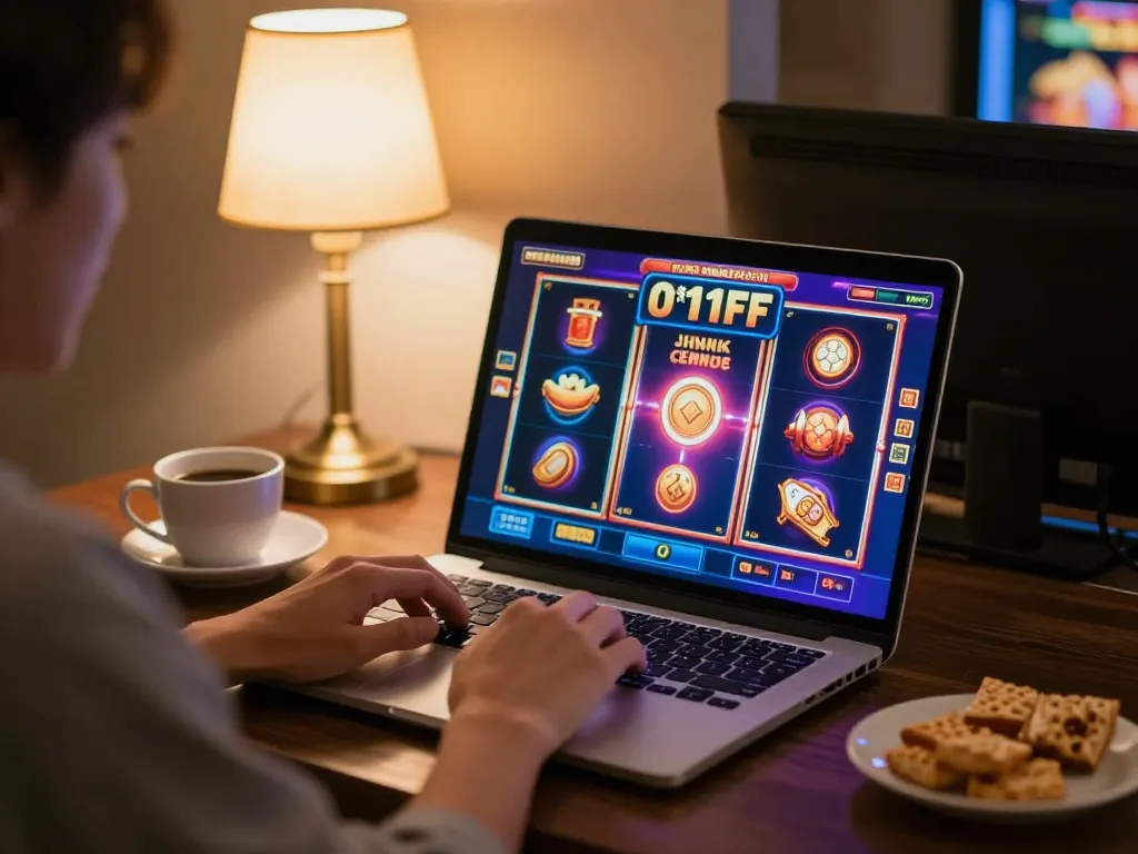 Engaged player enjoying 81ff com slots on laptop in cozy home setting