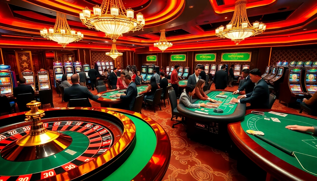 Experience the thrill of gambling at vn888 with vibrant casino tables and lively players.