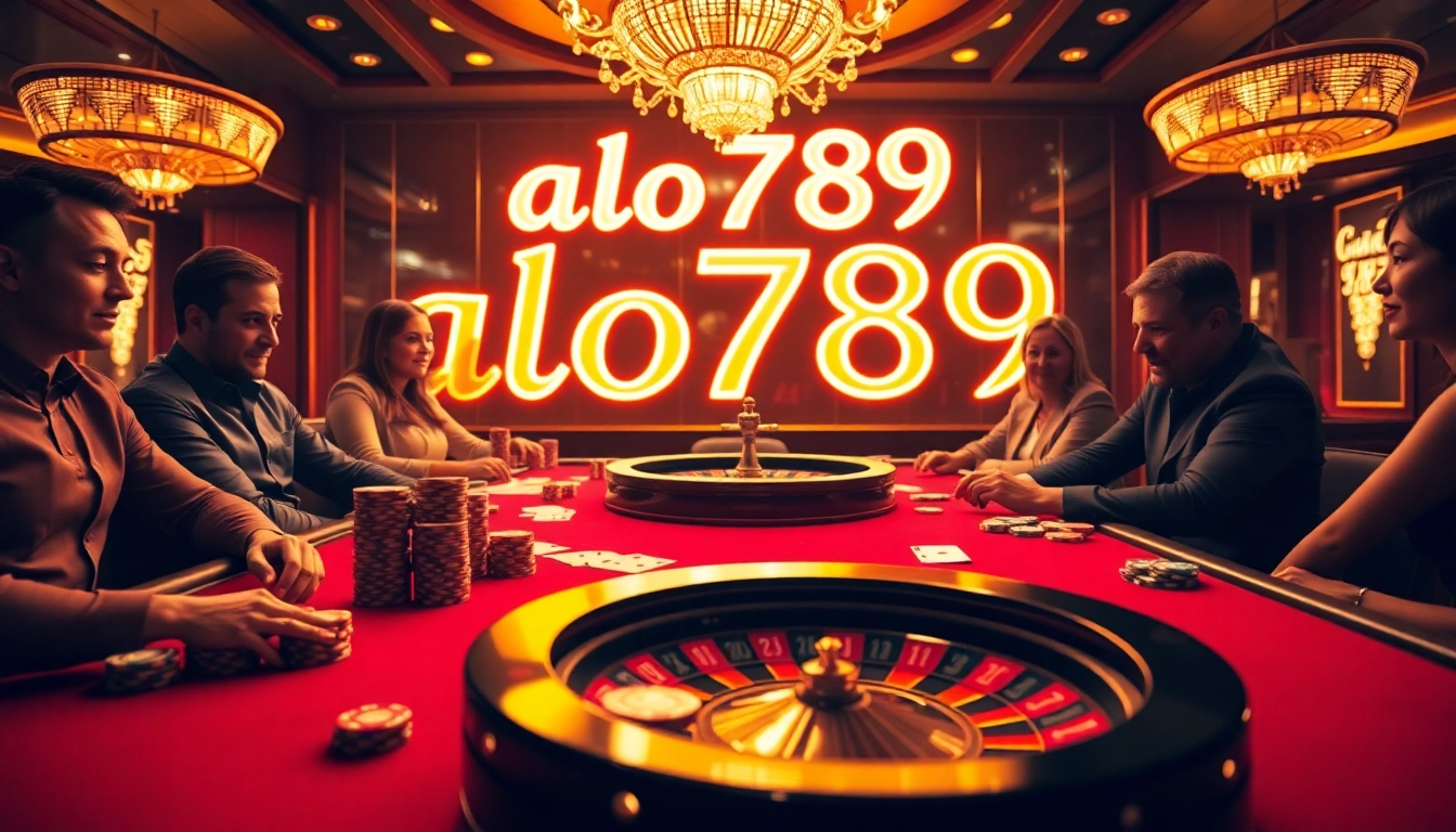 Players betting at a luxurious poker table under the vibrant 'alo789' casino lights.