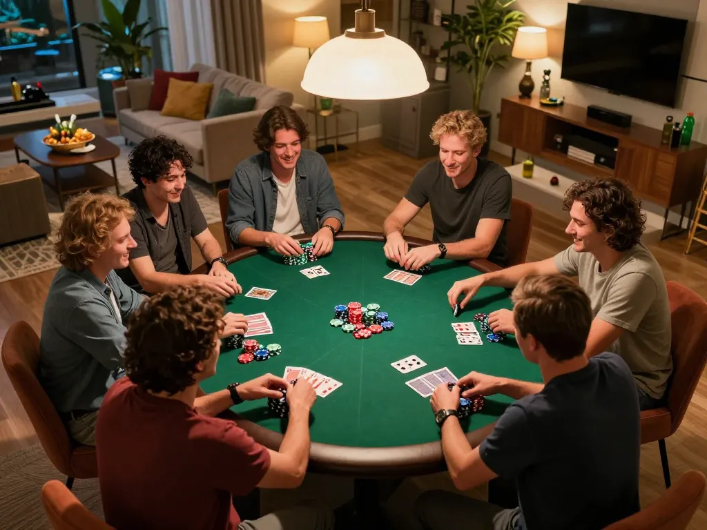 Cwin home poker night with friends enjoying chips and cards in a cozy setting.