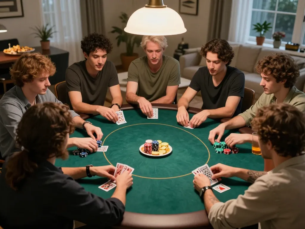 Home poker night with players strategizing and enjoying their game on 559X platform.