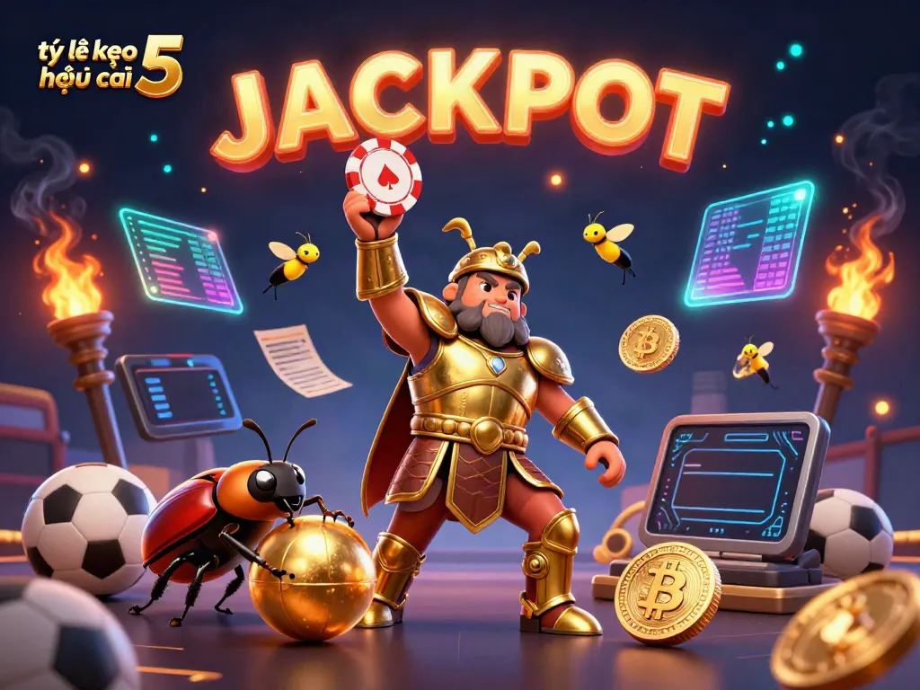 Engage with tỷ lệ kèo nhà cái 5 through this dynamic illustration of a beetle champion lifting a poker chip amidst soccer balls and neon coins.