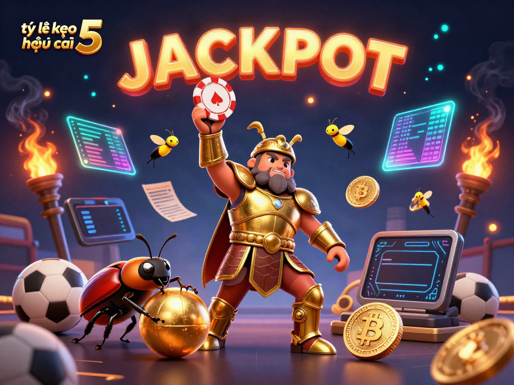 Engage with tỷ lệ kèo nhà cái 5 through this dynamic illustration of a beetle champion lifting a poker chip amidst soccer balls and neon coins.